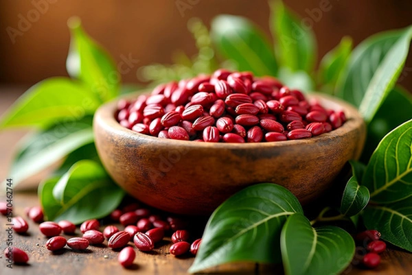 Fototapeta Earthy Wooden Bowl Overflowing with Vibrant Red Seeds and Fresh Green Leaves, Organic Still Life. AI Generative