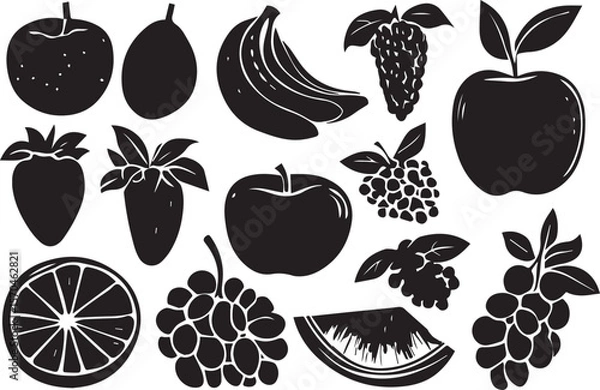 Fototapeta A vibrant vector collection of fresh, healthy fruits and berries like apples, strawberries, lemons, and grapes