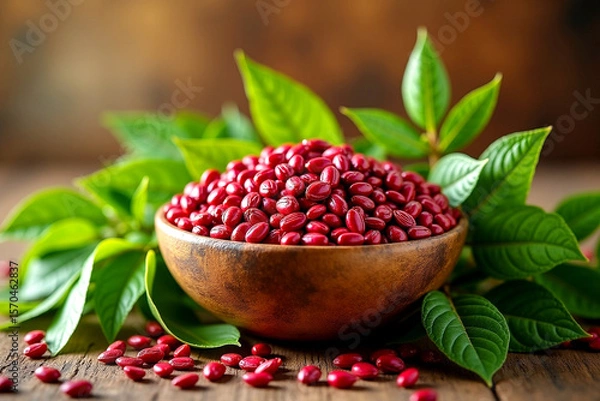 Fototapeta Rustic Wooden Bowl Filled with Bright Red Seeds and Lush Green Leaves in Natural Setting. AI Generative