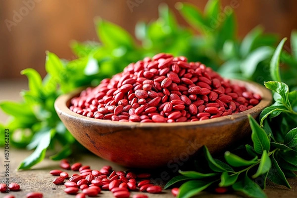 Fototapeta Rustic Wooden Bowl Filled with Red Seeds Surrounded by Lush Green Leaves, Natural Still Life. AI Generative