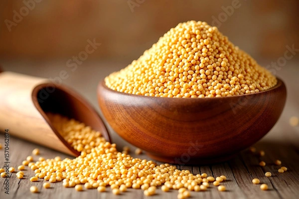 Fototapeta Rustic Wooden Bowl Overflowing with Golden Mustard Seeds on Wooden Table. AI Generative