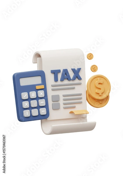 Obraz 3D Tax Report with Calculator Finance Coins Transparent Background