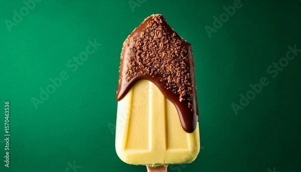 Fototapeta Vanilla ice cream stick with topping chocolate layer