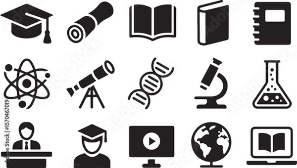 Fototapeta Education and science glyph icon set. Vector pictograms of atom, microscope, test tube, flask, telescope laptop, checklist, clipboard, black sign silhouette illustration.Imaging Multipel Icon 
