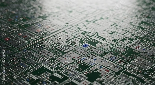 Fototapeta Close-up of a detailed circuit board, showcasing intricate electronic components and pathways.