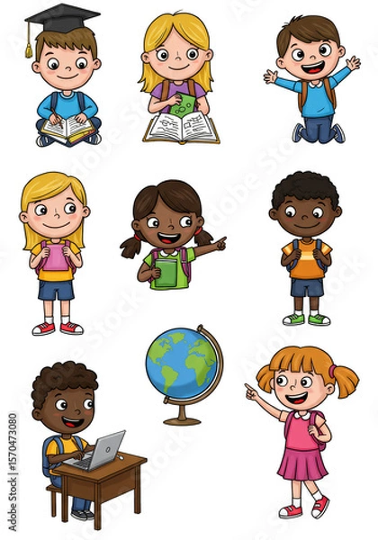 Obraz Cartoon Kids Students Illustration Globe Isolated Transparent Background