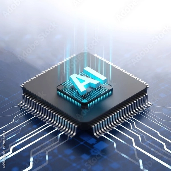 Fototapeta Ai chip with glowing blue lines and text