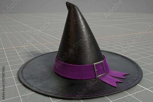 Obraz 3D Render of Black Witch Hat with Purple Ribbon on Gray Grid Background