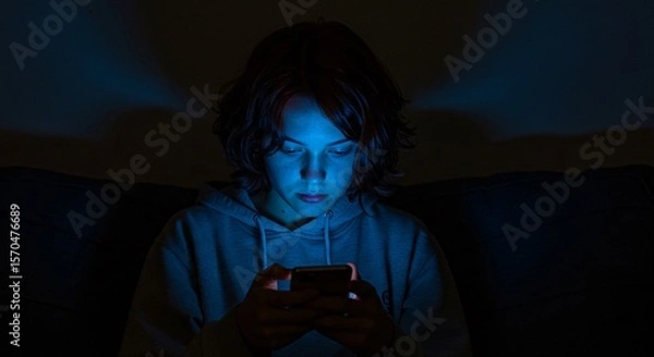 Fototapeta A woman sits in darkness, her face aglow from her phone screen, highlighting her concentration in the isolated setting