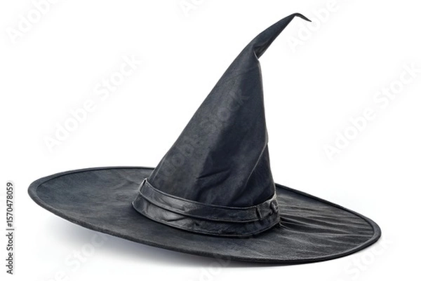 Obraz Black Witch Hat with Curved Tip on White Background – Whimsical Halloween Costume Accessory