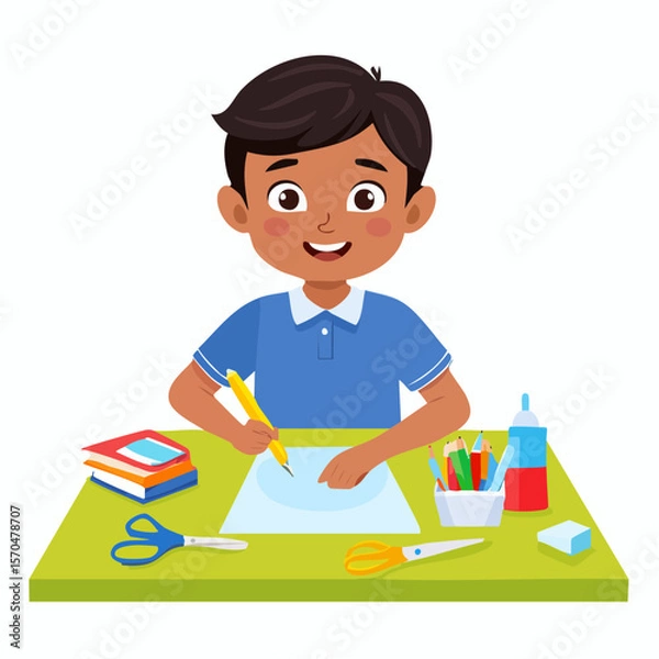 Fototapeta Creative Boy's Drawing: A young boy sits at his desk, engrossed in his drawing with colorful pencils and a joyful smile. Capturing the moment of imagination and creation.