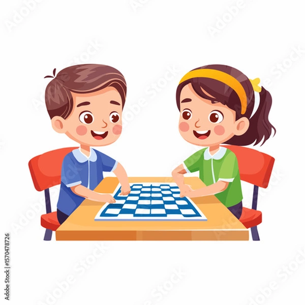 Fototapeta Chess Game Fun: Two children, a boy and a girl, deeply engrossed in a captivating game of chess. Seated at a wooden table, they are immersed in strategic planning.