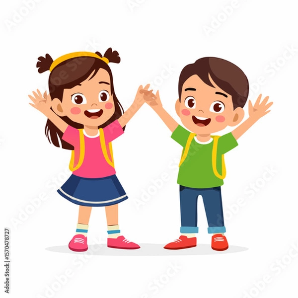 Fototapeta Joyful Schoolfriends: Two cheerful children stand, hand-in-hand, as they celebrate friendship. This lively illustration captures a playful scene of school days and learning adventures.