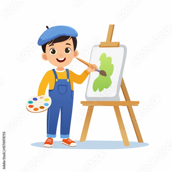Fototapeta Young Artist at Work: A cheerful young artist, adorned in a beret, meticulously paints on a canvas. The artist holds a palette, fully engaged in the creative process.