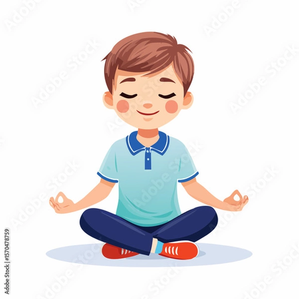 Fototapeta Inner Peace of a Young Boy: A young boy, eyes closed, sits serenely in the lotus position, radiating tranquility and mindfulness, demonstrating the essence of meditation and inner peace.