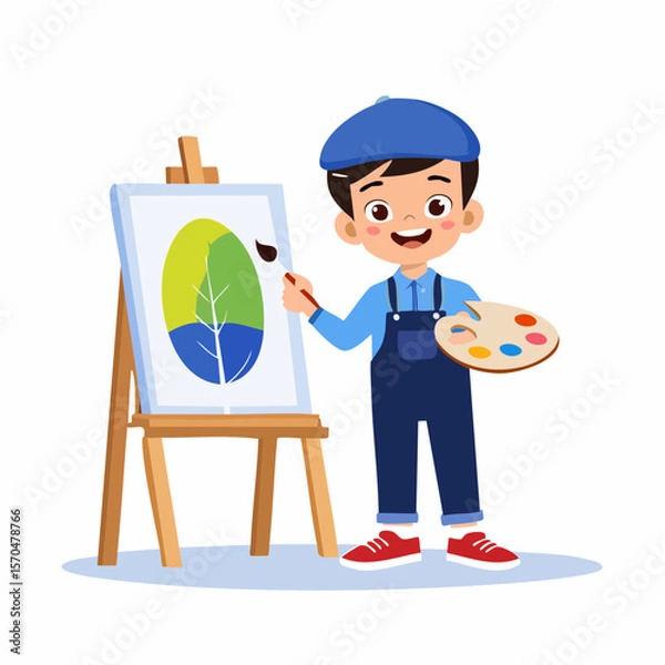 Fototapeta Young Artist: A charming young boy, clad in a painter's attire, passionately paints a vibrant leaf onto a canvas set upon an easel, showcasing the beauty of art and creativity.