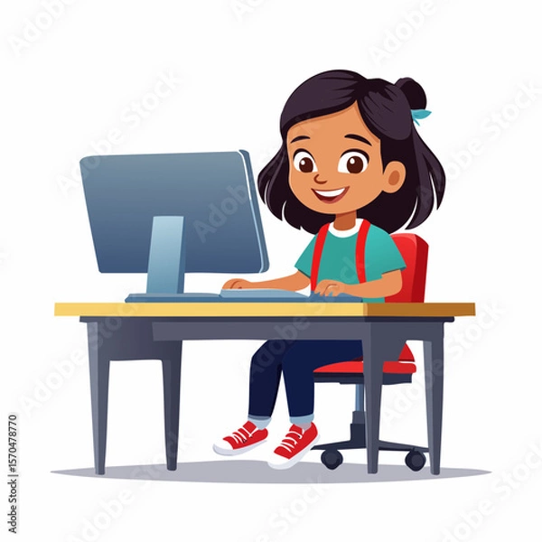 Fototapeta Young Learner Engaged: A cheerful child is shown at her desk and computer, illuminated by soft lighting while her eyes follow what is shown on the screen, in a modern learning style.