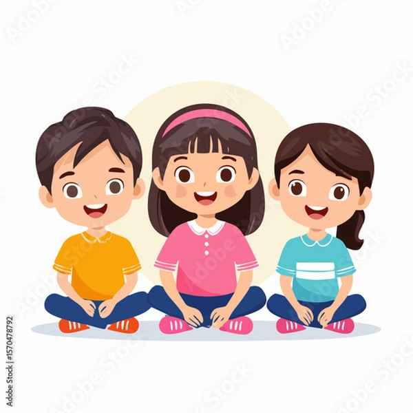 Fototapeta Playful Friendship: Delightful illustrations of three cheerful children sitting together, embodying joy, unity, and innocence, creating an atmosphere of warmth and companionship.