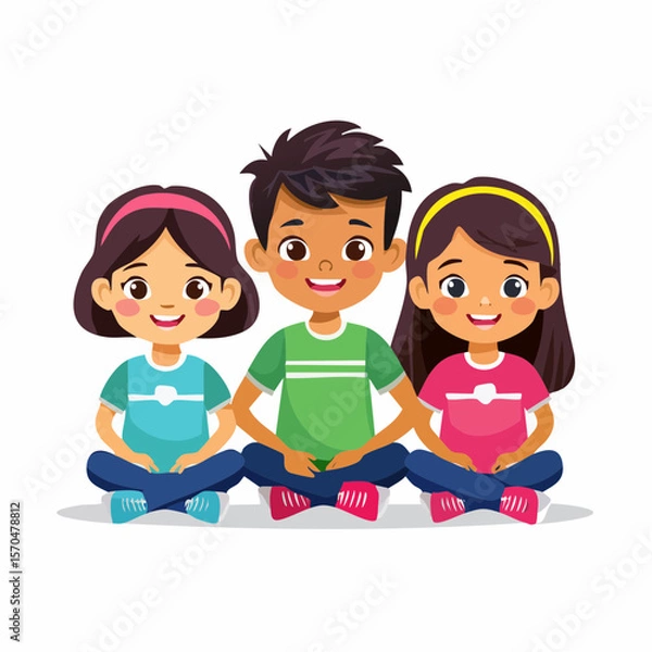 Fototapeta Unity and Joyful Friendship: A cheerful trio of children, diverse in appearance and full of smiles, sitting in the lotus position with their hands clasped.