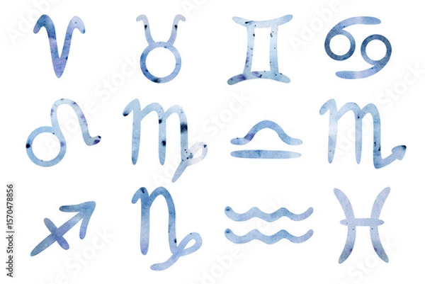 Fototapeta Collection of watercolor astrology signs. Set of hand drawn watercolor brush zodiac signs.