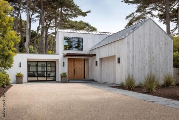 Fototapeta Coastal barn-inspired house with whitewashed siding top light on horizontal boards reflective gravel neutral tones with soft contrast