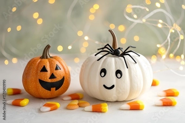 Obraz Photo-Realistic Halloween Pumpkin and Ghost Decor with Candy Corn on Light Bokeh Background