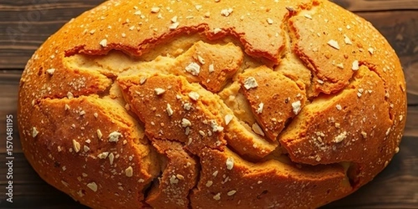 Fototapeta Golden-brown wheat bread loaf, rustic texture, top view,  golden,  homemade