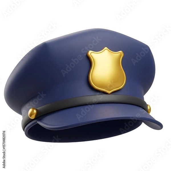 Fototapeta A blue police cap with a golden badge sits isolated on a white background