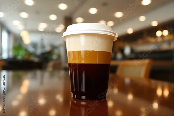 Fototapeta Layered Coffee Drink in Plastic Cup on Table: Creamy Coffee Beverage in Cafe Setting, Close-up Food Photography