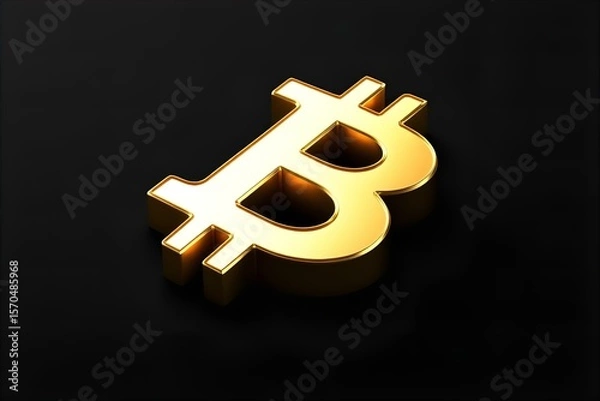 Fototapeta Gold Bitcoin Symbol on Black Background: Cryptocurrency Icon, Digital Currency, Blockchain Technology, Finance, Investment, 3D Render