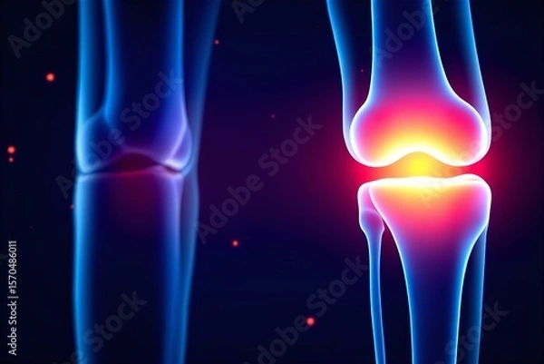 Fototapeta Knee Joint Pain Illustration: Anatomy, Arthritis, Inflammation, and Medical Condition Visualization in Blue and Red Tones