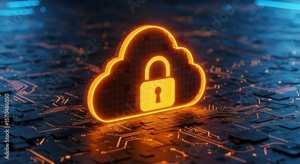 Fototapeta Cloud Security: Secure Cloud Computing Services & Data Protection Concept. Glowing Padlock on Cloud Icon over Circuit Board Background.