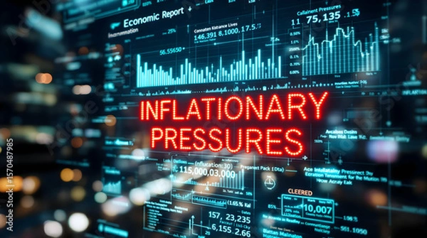 Obraz Financial data graphic displays "Inflationary Pressures" over a blurred city, used for economic reporting