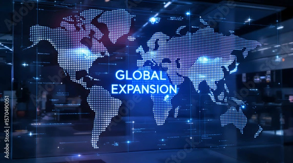 Obraz Digital globe map displays "Global Expansion" with blurred office workers, suggesting business growth