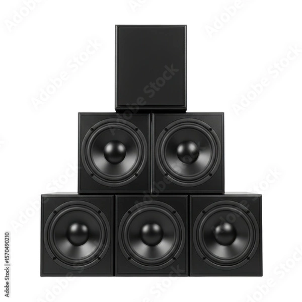 Fototapeta A pyramid stack of black subwoofers, designed for powerful bass and immersive audio. Ideal for home theater or professional sound systems.