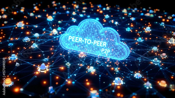 Obraz Network visualization with nodes connected by lines, and a digital cloud center