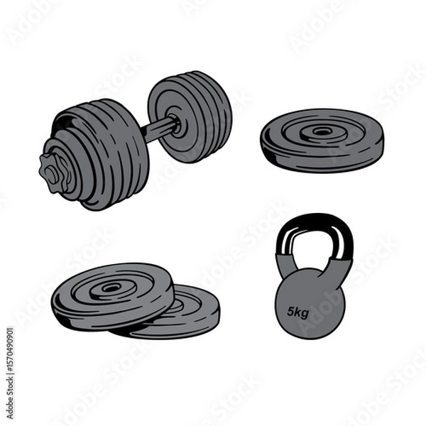 Fototapeta simple vector of exercise equipment dumbbells, weight plates and muscle training tools