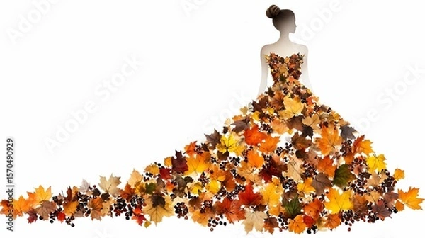 Obraz Woman Autumn Fashion Dress of Fall Leaves and berries on White, Creative Beauty, art