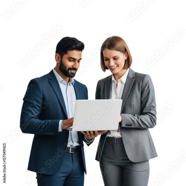 Fototapeta Two smiling business professionals, a man and a woman, standing and reviewing information together on a laptop, demonstrating teamwork and partnership in a corporate setting.