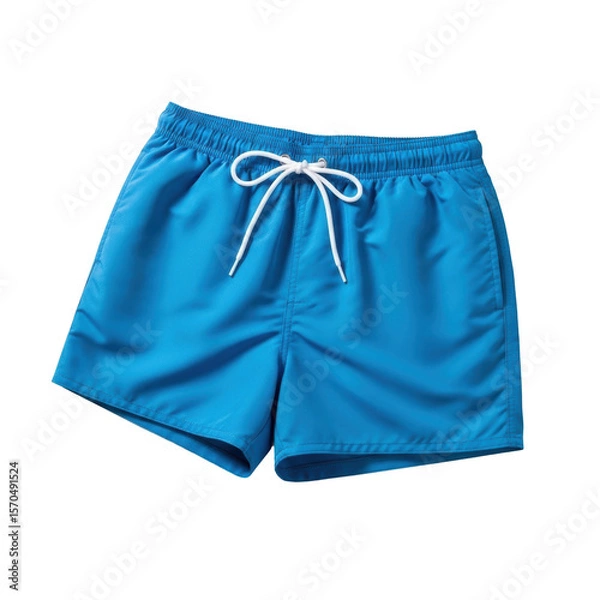 Fototapeta Vibrant blue men swim shorts featuring a white drawstring, perfect for summer activities, beach vacations, and poolside relaxation.