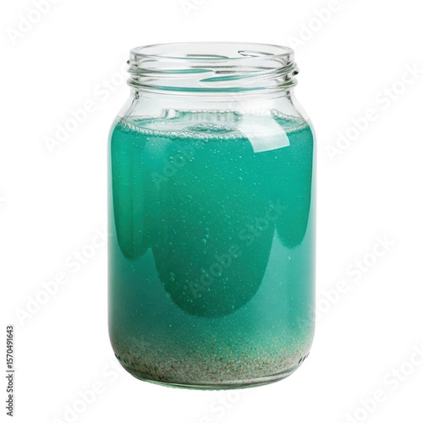 Fototapeta Transparent glass jar containing a teal colored liquid with bubbles and sediment. Useful for science or environmental concepts.
