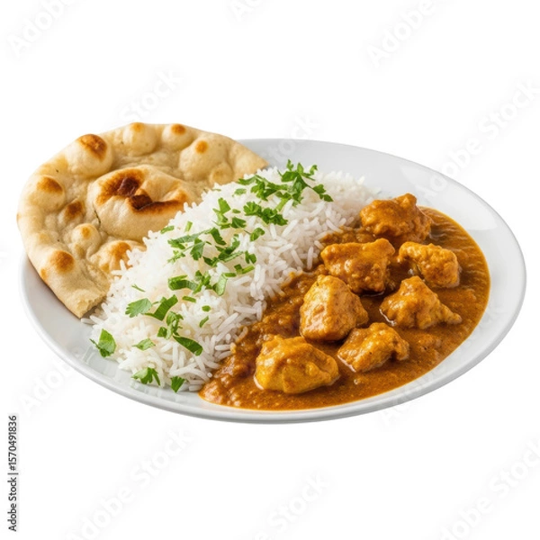 Fototapeta A vibrant plate of chicken curry served with fluffy white rice and warm naan bread, garnished with fresh herbs, perfect for a hearty meal.