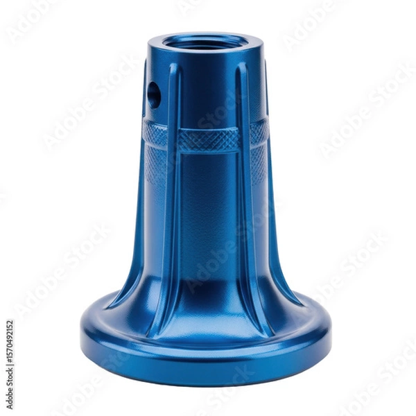 Fototapeta A vibrant blue anodized aluminum component featuring a threaded top, knurled band, and a wide, stable flared base, ideal for industrial or technical designs.