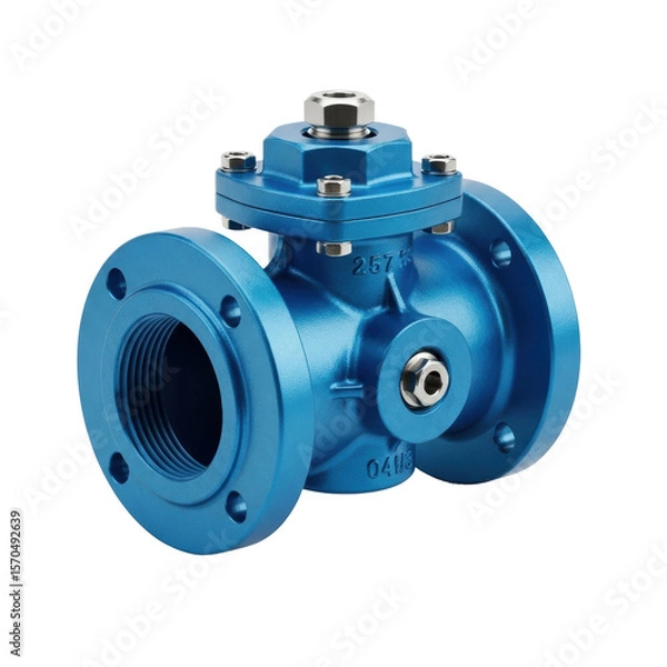 Fototapeta A sturdy blue industrial valve with flanges, designed for controlling fluid flow in pipelines and industrial systems.