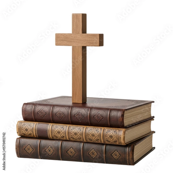 Fototapeta A wooden christian cross rests on a stack of three old, richly decorated books, likely bibles, representing spirituality, history, and knowledge.