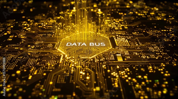 Obraz Illuminated data bus on a circuit board, conveying information with a glowing background, for technology visuals