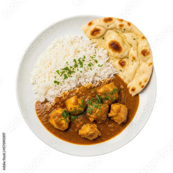 Fototapeta Top down view of a hearty chicken curry meal with basmati rice and naan bread, garnished with fresh herbs. Ideal for culinary promotions.