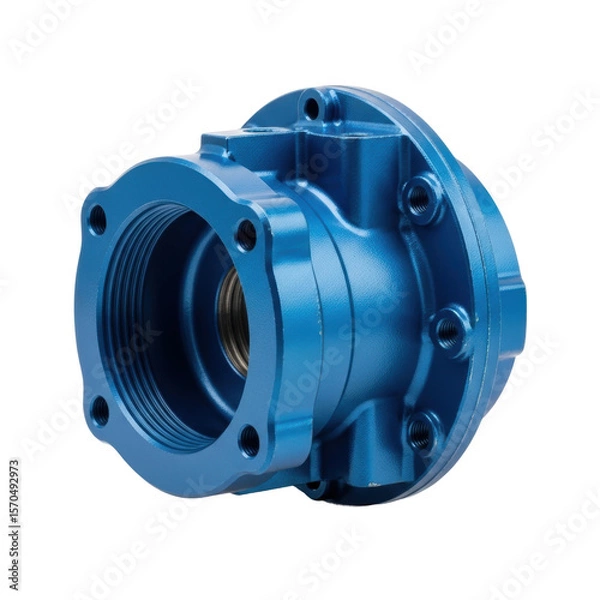 Fototapeta A precision machined blue metal housing component, possibly for fluid or gas systems, featuring threaded openings and bolt holes.