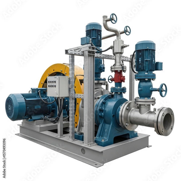 Fototapeta A large industrial pumping system featuring multiple electric motors, pumps, and a network of pipes and valves, designed for heavy duty fluid transfer in manufacturing or processing plants.