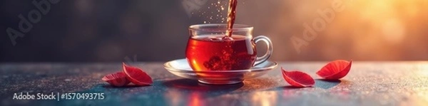 Fototapeta Dynamic tea pour, isometric perspective, clean lines, muted tones, tones, splash art, texture